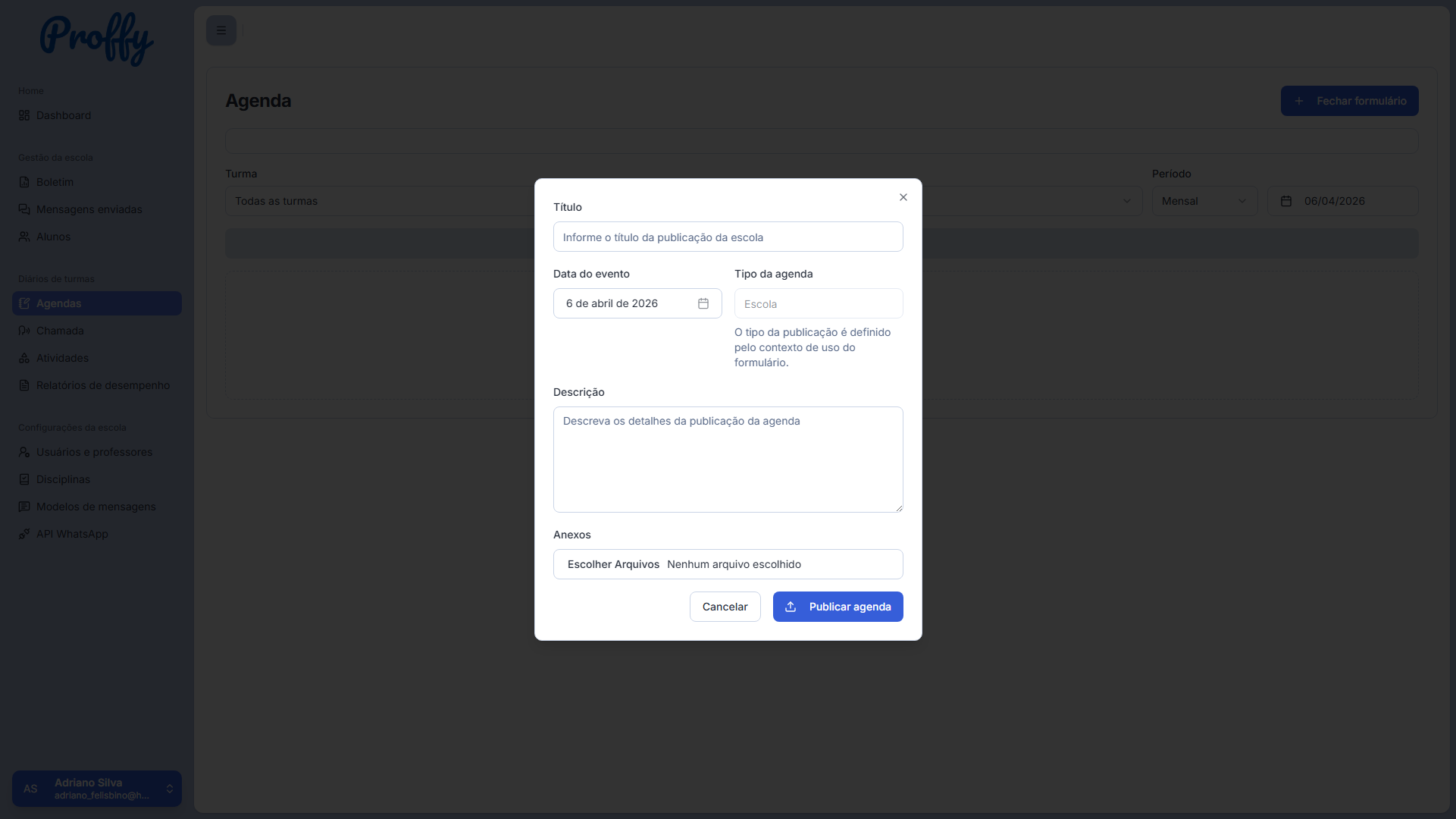 Tela da agenda escolar do sistema Proffy