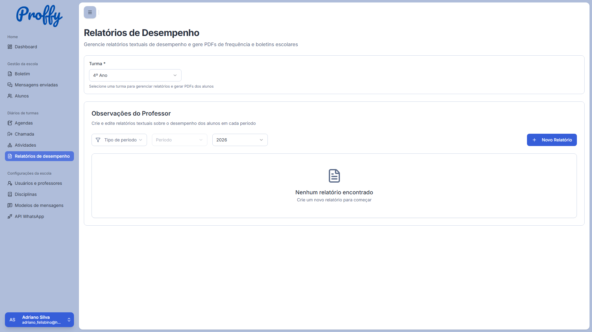 Tela de relatórios de desempenho do sistema Proffy