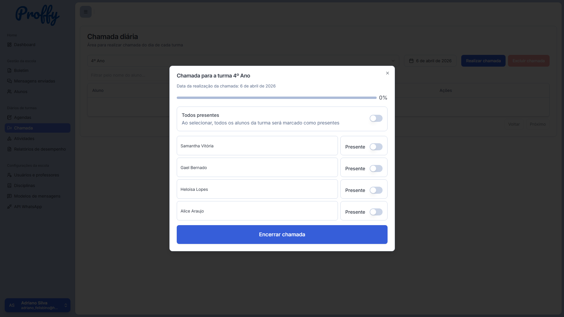 Tela de chamada digital da turma no sistema Proffy